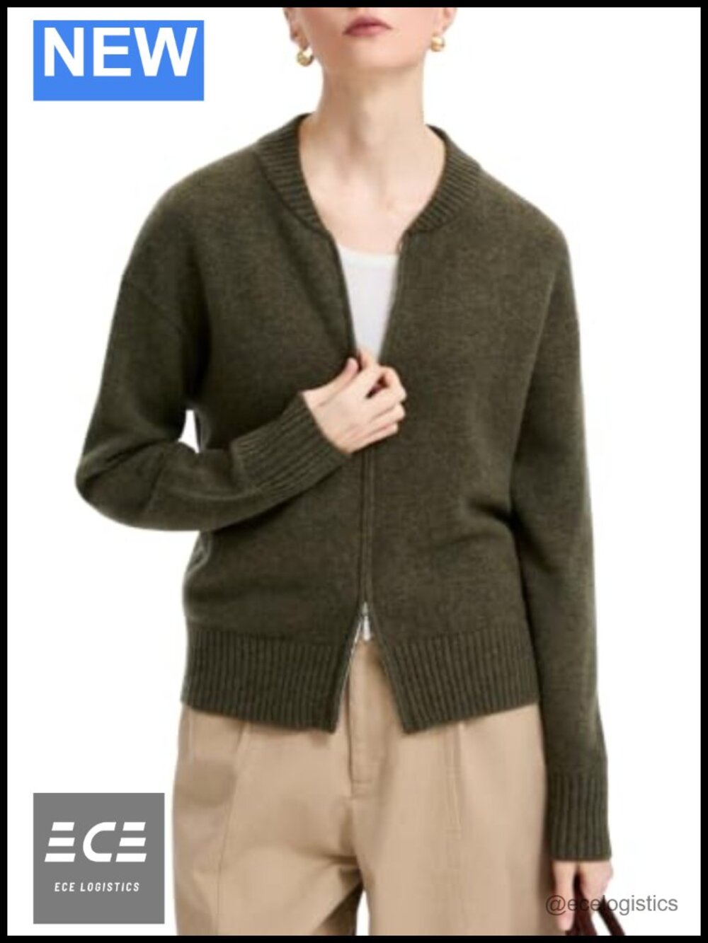 Merino Wool Zip Cardigan Women Baseball Collar Sweater Jacket